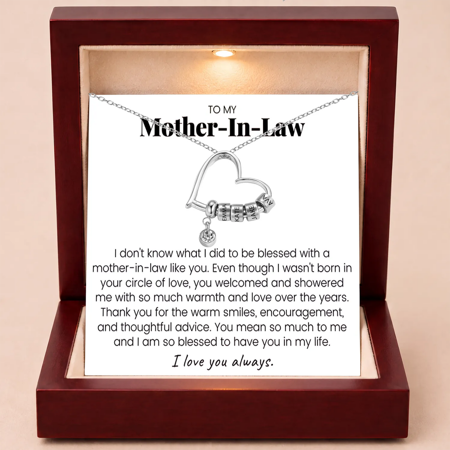 Charming Heart Engraved-Bead Necklace for Mother-in-Law