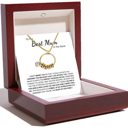 Best Mum In The World - Circle Pendant Necklace with Engraved Name Beads