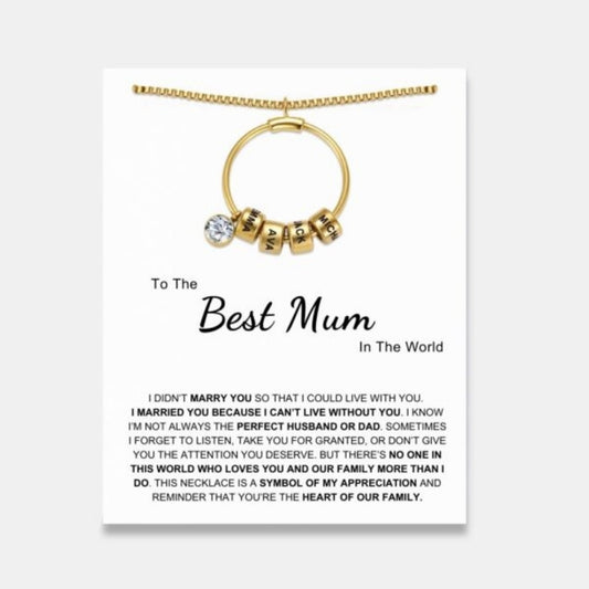 Best Mum In The World - Circle Pendant Necklace with Engraved Name Beads