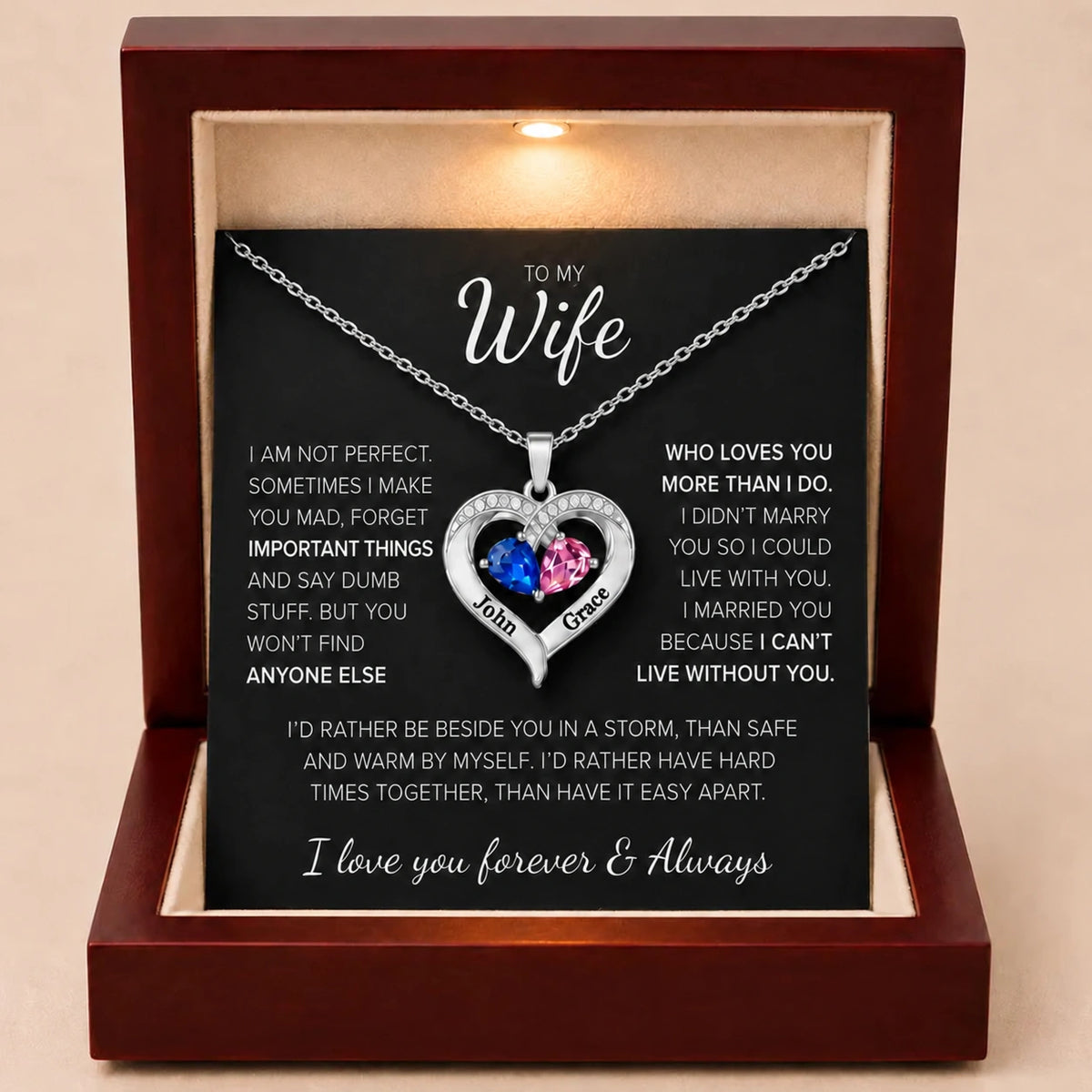 To My Wife – Together Forever Birthstone Heart Necklace